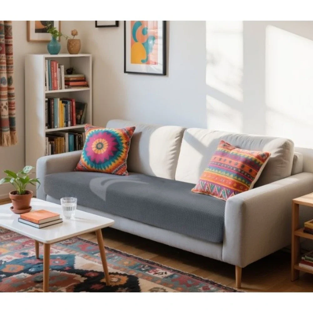 Subrtex Spandex Elastic Sofa Cushion Cover Light Gray Waffle Textured Slipcover